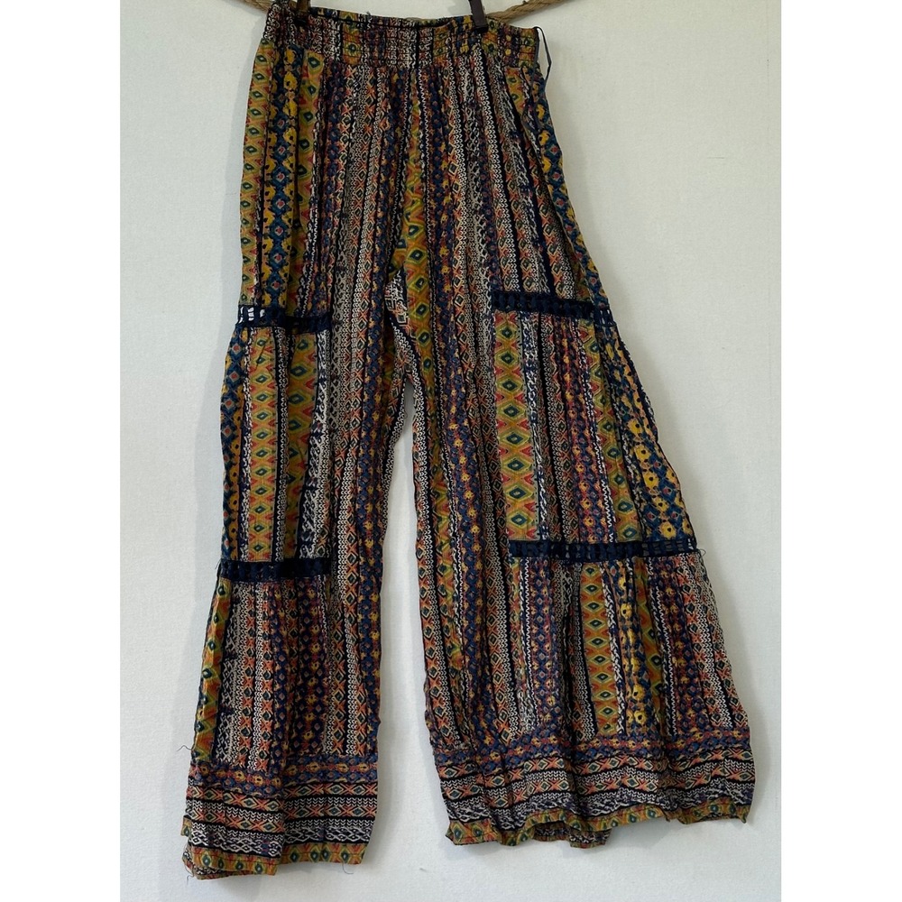 Petite Angie Wide Leg Bohemian Print Pants in Yellow, Navy & Green -S